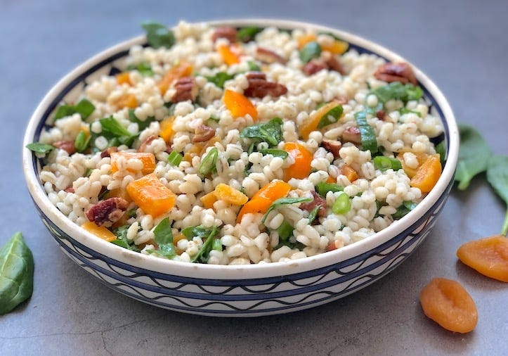 Barley salad with apricots and pecans or walnuts