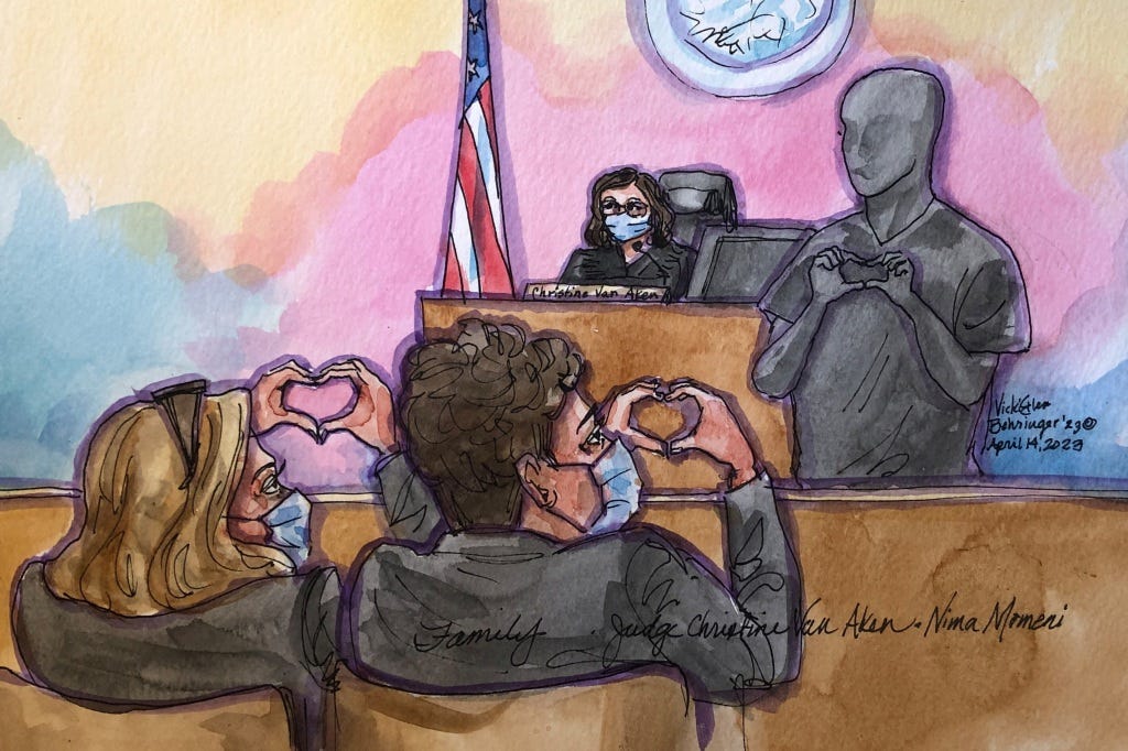Heart symbols are exchanged between Nima Momeni, the 38-year-old founder of software company Expand IT, and family members as he appears before Judge Christine Van Aken, accused of the stabbing murder of Cash App founder Bob Lee.