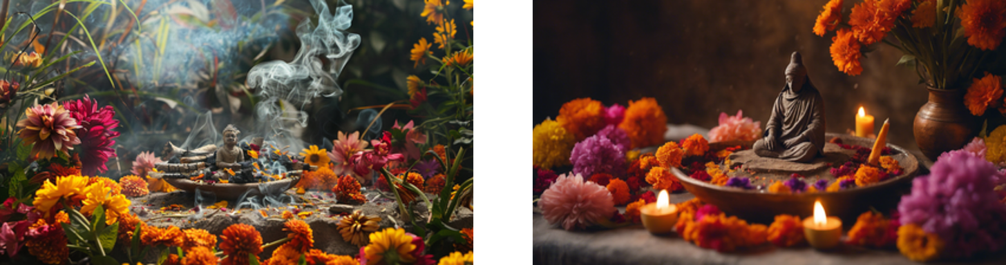 The left side of the image presents a vibrant and colorful display with an array of flowers surrounding a small statue and a lit incense burner, the smoke from which curls into the air, contributing to a serene and sacred ambiance.  On the right, a calm and reflective mood is evoked by a composition featuring a statue in meditation, surrounded by a ring of colorful marigold flowers, with lit candles and a traditional clay lamp, placed on a textured fabric. A vase with marigold flowers further enhances the peaceful and spiritual atmosphere of the setting.