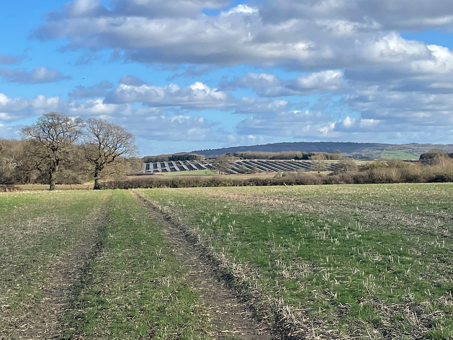 A field with solar panels in the background and clouds