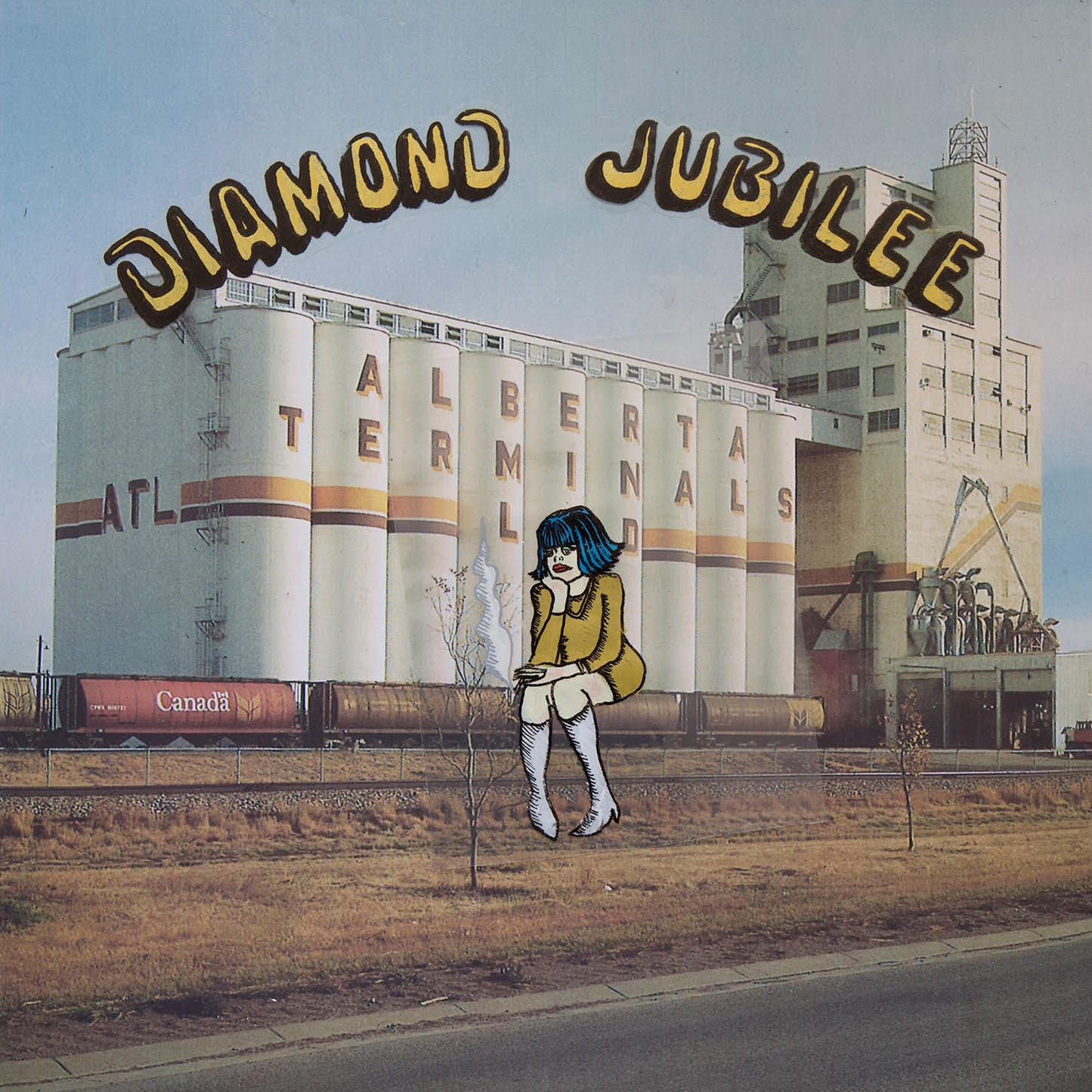 film-looking photo of a massive grain elevator labeled "Alberta Terminals", with the words "Diamond Jubilee" illustrated on it, accompanied by an Archie-comics style character in an umber-yellow mini dress and cornflower blue, heeled, knee-high boots, drawn as though sitting on the train in the photo, somewhat distraught and holding a fuming cigarette