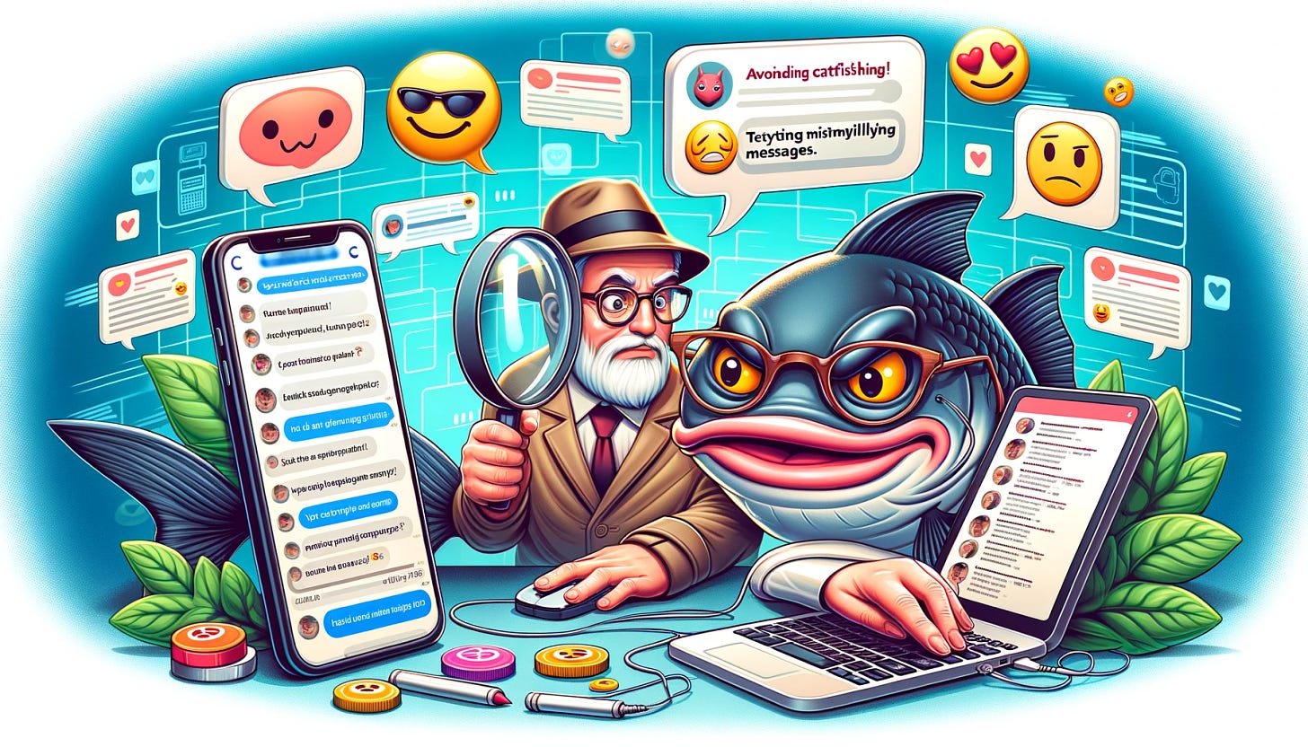 An illustration for an online article about avoiding catfishing scams, featuring a quirky scene. A large, cartoonish catfish wearing glasses and holding a smartphone, typing misleading messages. Next to it, a savvy internet user with a detective magnifying glass, inspecting the messages suspiciously. The background shows a digital world, filled with chat bubbles and emoji. The image is humorous and engaging, aiming to attract attention to the topic of safe online interactions. Size: 1792x1024.