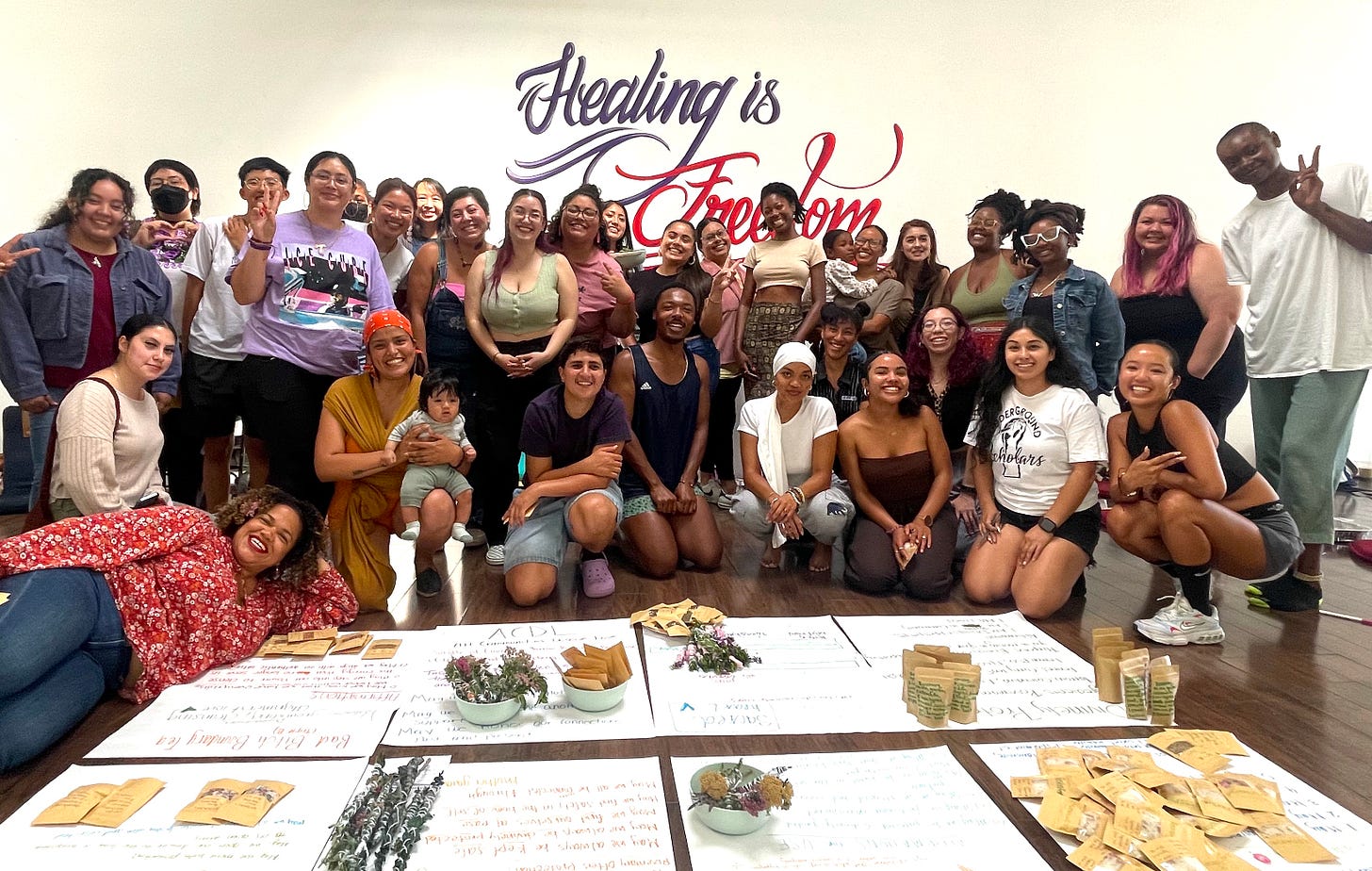 group photo of 30 smiling young people at a Freedom School herbal medicine workshop