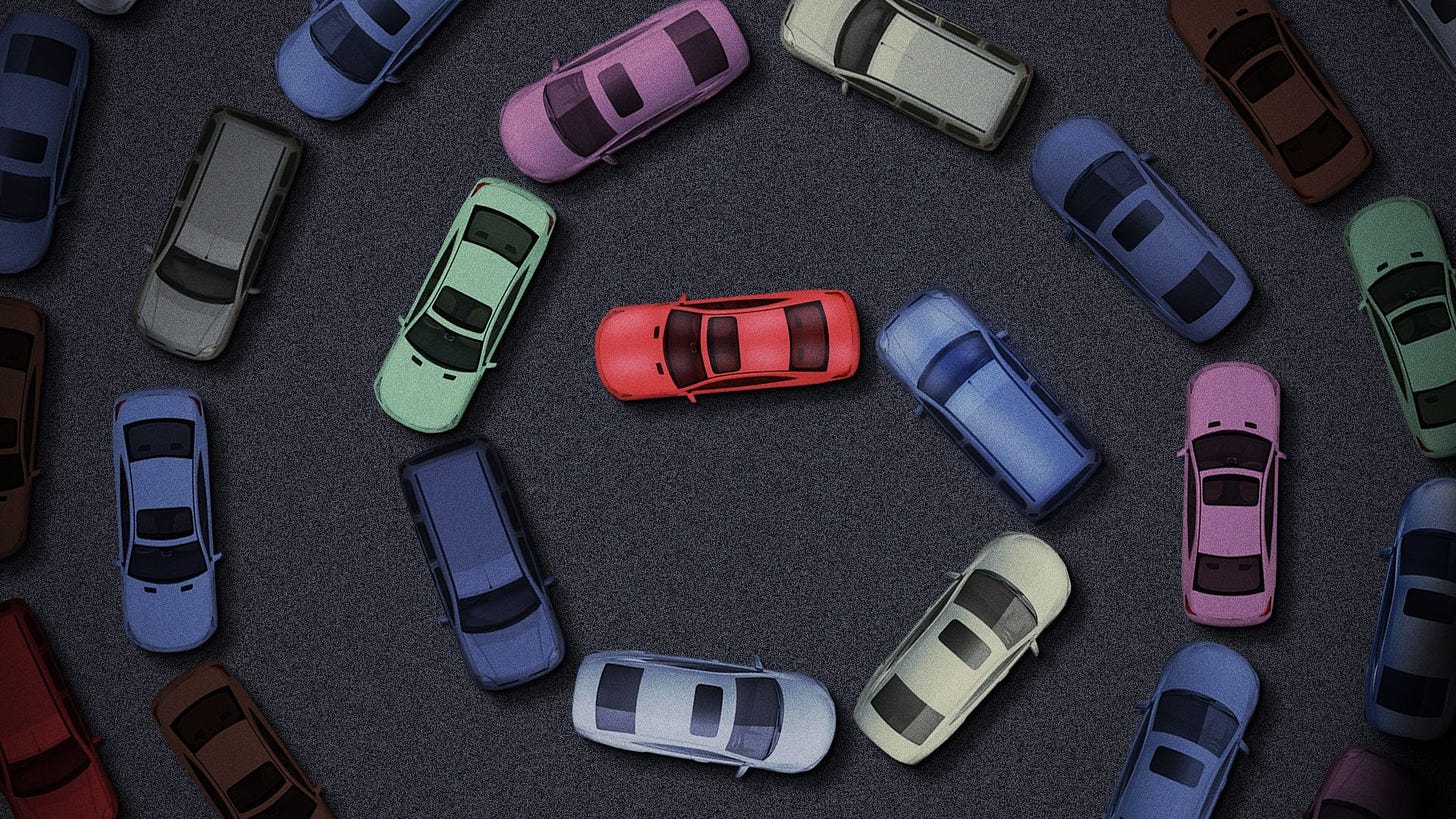 Illustration of a line of cars forming a spiral.