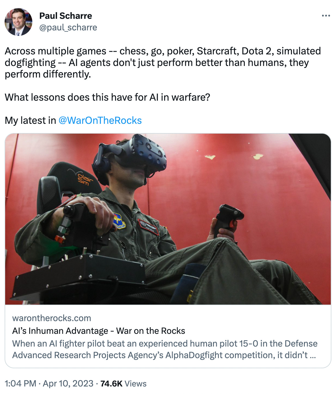 Across multiple games -- chess, go, poker, Starcraft, Dota 2, simulated dogfighting -- AI agents don't just perform better than humans, they perform differently.   What lessons does this have for AI in warfare?  My latest in  @WarOnTheRocks warontherocks.com AI’s Inhuman Advantage - War on the Rocks When an AI fighter pilot beat an experienced human pilot 15-0 in the Defense Advanced Research Projects Agency’s AlphaDogfight competition, it didn’t just