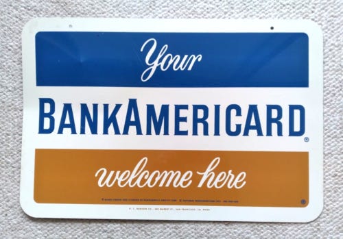 1972 BANKAMERICARD Welcome Here Metal Double Sided Sign 24 x 16 BANK ...