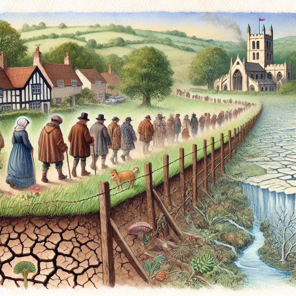 A watercolor painting depicting the ancient British practice of 'Beating the Bounds', integrated with environmental themes. The scene is rendered in a traditional watercolor style, showing a rural English landscape during medieval times. The painting includes villagers, officials, and children walking along a boundary marked by natural landmarks. Visual elements such as a dry, cracked earth representing drought, a shrinking river to symbolize freshwater scarcity, and a subtle atmospheric change to illustrate ozone depletion are incorporated. The style is soft and fluid, typical of watercolor paintings, creating a delicate and atmospheric portrayal of this historical practice intertwined with modern environmental issues.