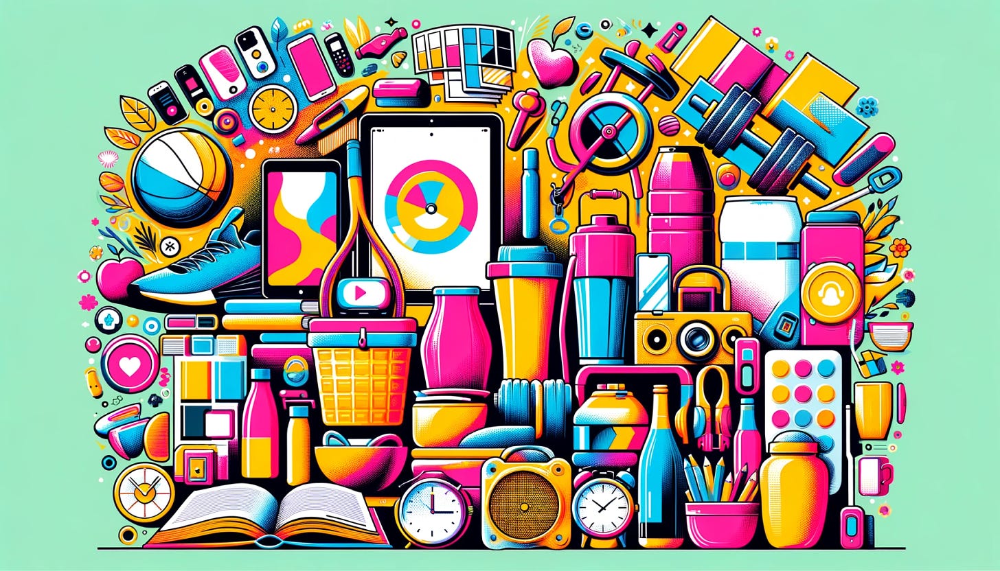 An illustration with bright colors, suitable for a blog post about recommended products, with a less feminine touch. The image should feature a variety of products such as tech gadgets, fitness equipment, books, and kitchen appliances, arranged aesthetically. The color palette should be bright and vibrant, with a mix of bold and lively colors. The overall feel should be modern, stylish, and informative, appealing to a broader audience. The illustration should be free of any text or annotations.