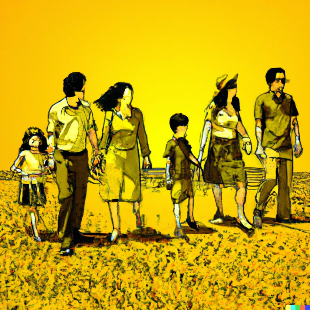 large family walking through a field, manga style with yellow background