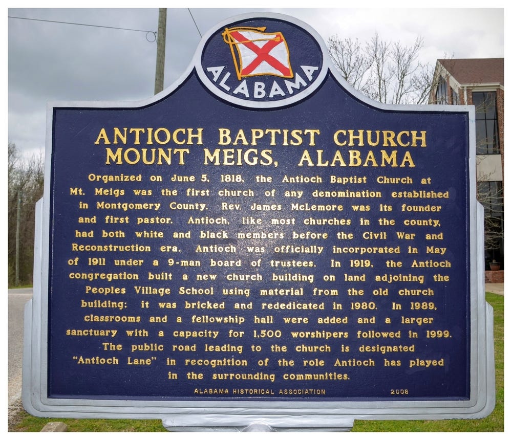 Antioch Baptist Church historical marker, Mount Meigs, Montgomery County, Alabama