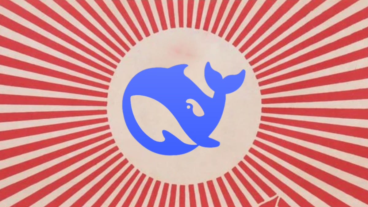 Deep Seek's whale logo in the sun of a Chinese communist propaganda poster