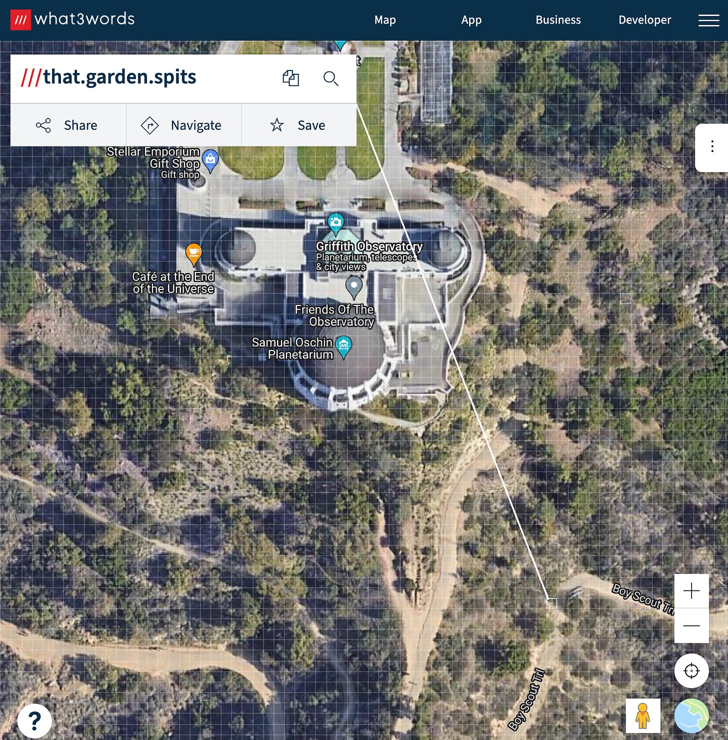 what3words image of a trail near Griffith Observatory in Los Angeles