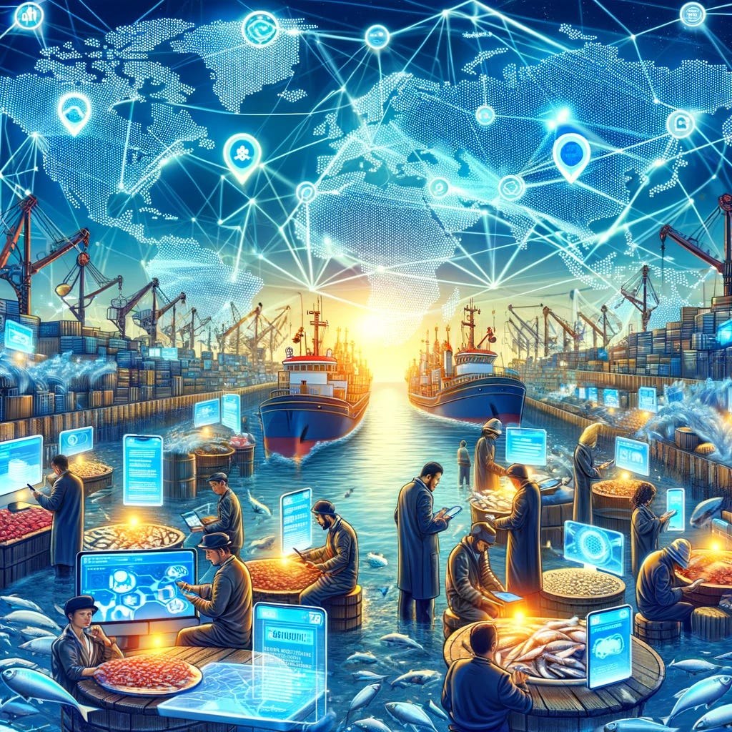 A dynamic illustration depicting the global fishing industry benefiting from blockchain technology. The image shows a global map with connections between various countries, symbolizing international operations in the fishing sector. Different agents along the value chain, such as fishermen, distributors, and retailers, are shown engaging with digital devices displaying Smart Contracts. These contracts facilitate efficient information exchange, highlighted by visual data flows between the characters. The scene is set in a bustling fish market with digital screens and a high-tech vibe, illustrating the integration of blockchain into traditional fishing practices.