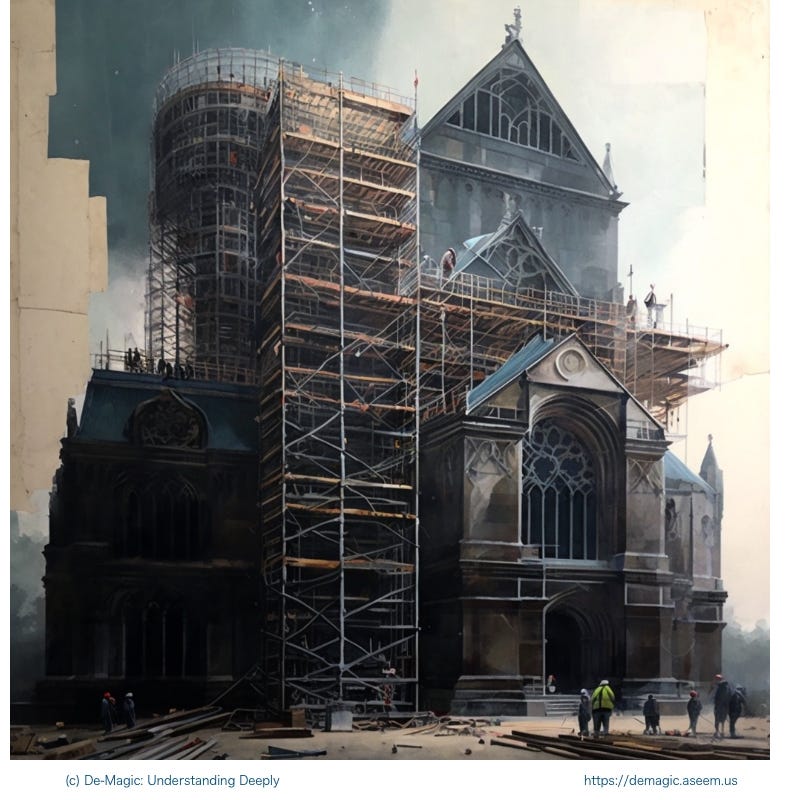 A half finished cathedral with scaffolding which represents that the key ingredients for the Job Impact Quotient from De-Magic: Understanding Deeply are almost ready