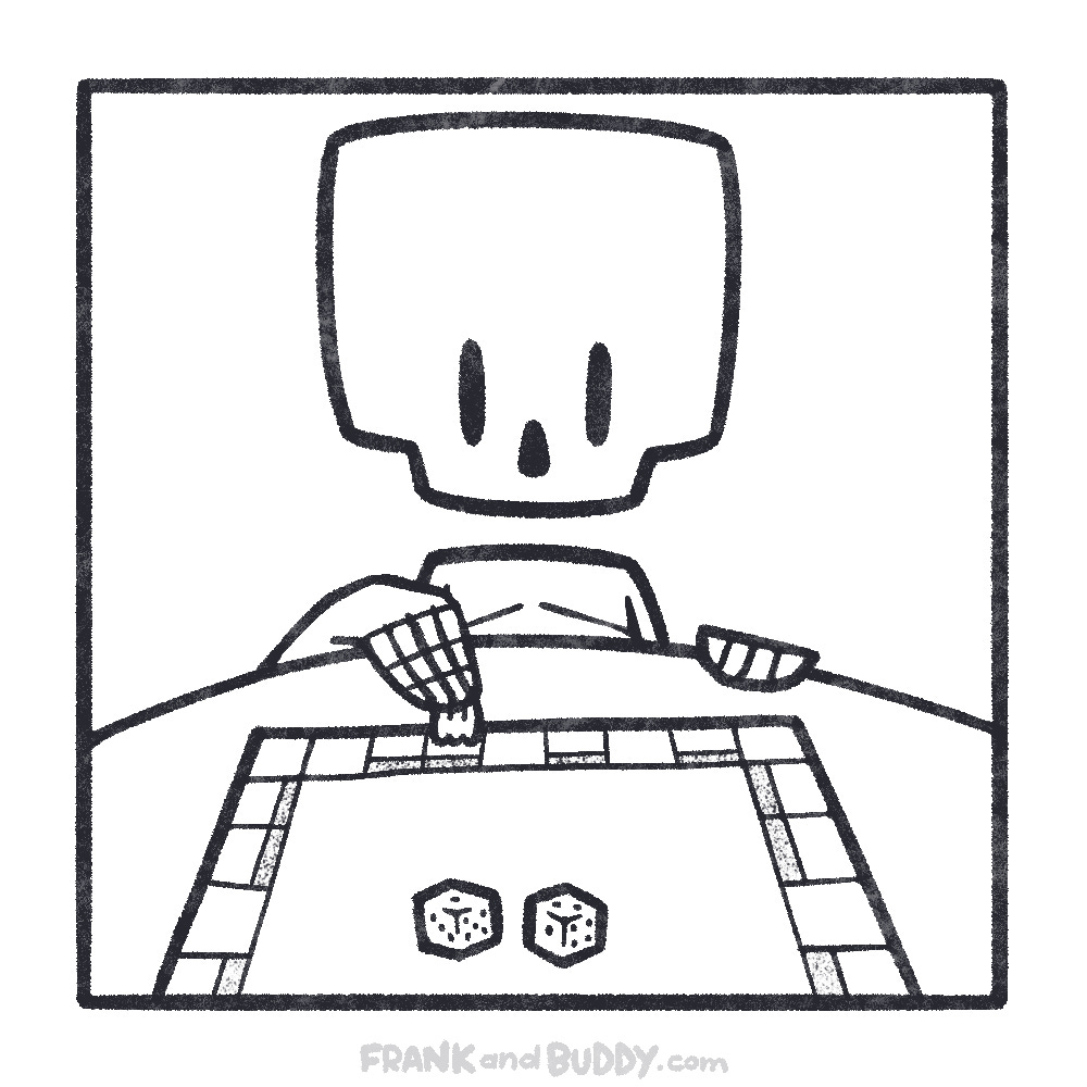 Skeleton is playing a board game and moving his piece.