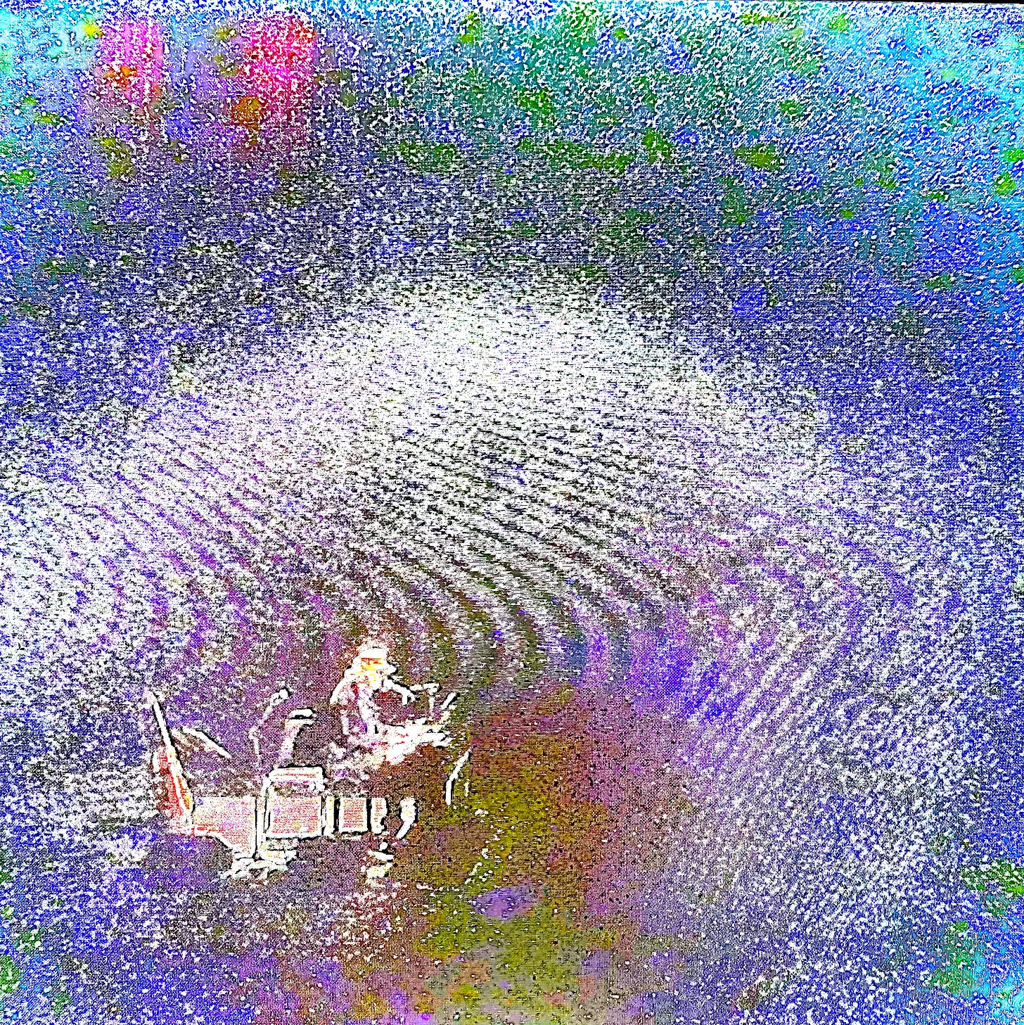 Scott McCaughey performs on piano in a photo with many digital artifacts and colorful distortion