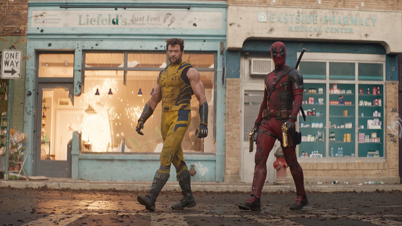 Hugh Jackman as Wolverine and Ryan Reynolds as Deadpool in the Marvel Studios film Deadpool & Wolverine.