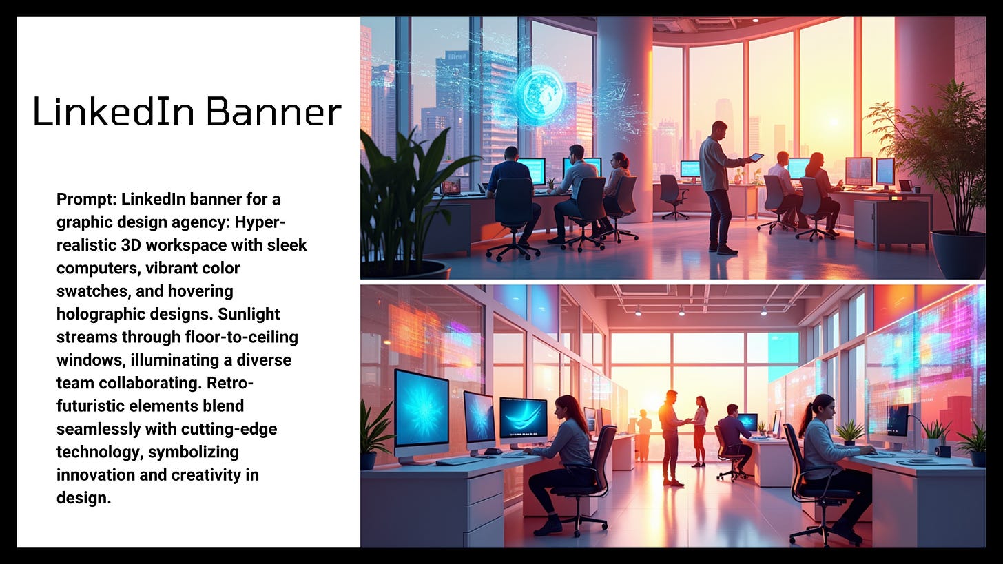 LinkedIn banner for a graphic design agency: Hyper-realistic 3D workspace with sleek computers, vibrant color swatches, and hovering holographic designs. Sunlight streams through floor-to-ceiling windows, illuminating a diverse team collaborating. Retro-futuristic elements blend seamlessly with cutting-edge technology, symbolizing innovation and creativity in design.