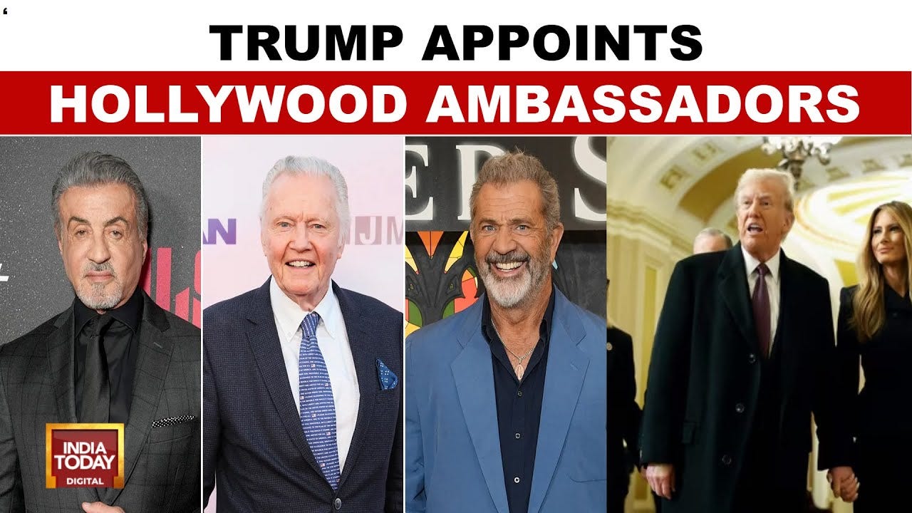 A screenshot from India Today reading "Trump Appoints Hollywood Ambassadors" showing images of Sylvester Stallone, Jon Voight, Mel Gibson and Donald Trump