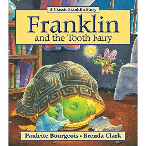 Book cover: Franklin and the Tooth Fairy. Shows Frankling sleeping inside his shell with a blanket.