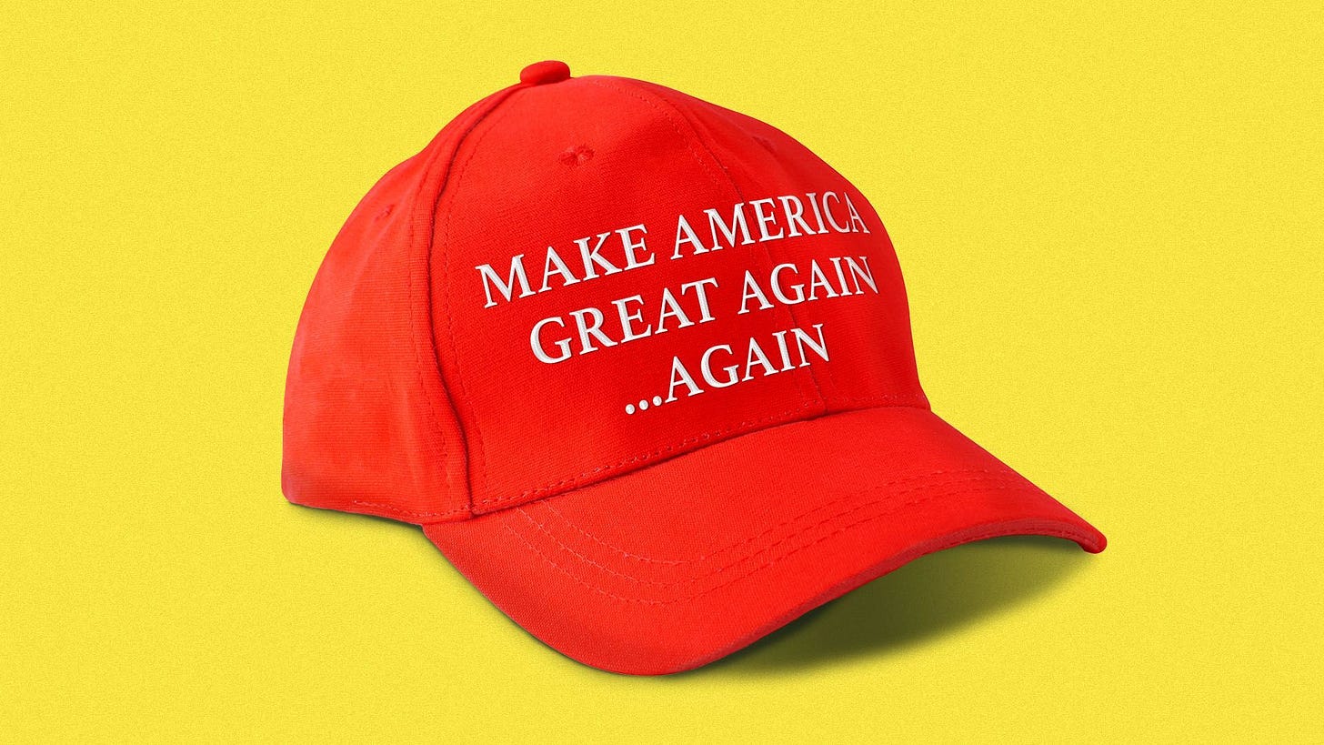 Illustration of a red hat embroidered with “Make America Great Again...Again?”.