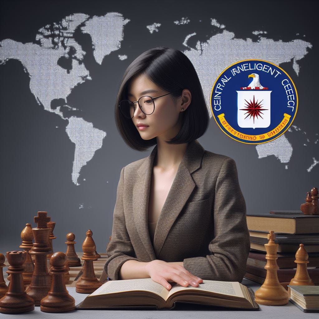 CIA logo, map of the world, book, chess, 25 year old Chinese short haired flat-chested woman analyst, realistic high-resolution photograph