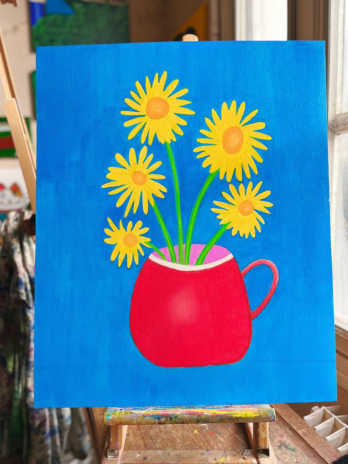 An oil painting of five yellow flowers in a red pot on a blue background