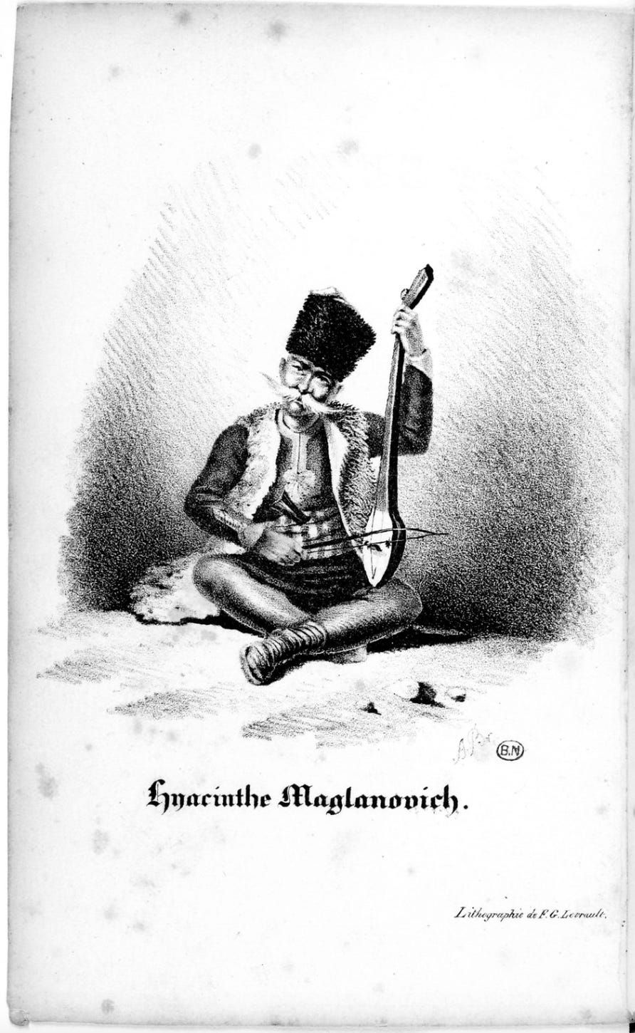 A nineteenth-century lithograph depicting an older man with a large white mustache sitting on the floor and playing a small stringed instrument. https://commons.wikimedia.org/wiki/File:Merimee_Hyacinthe_Maglanovich_la_Guzla.jpg