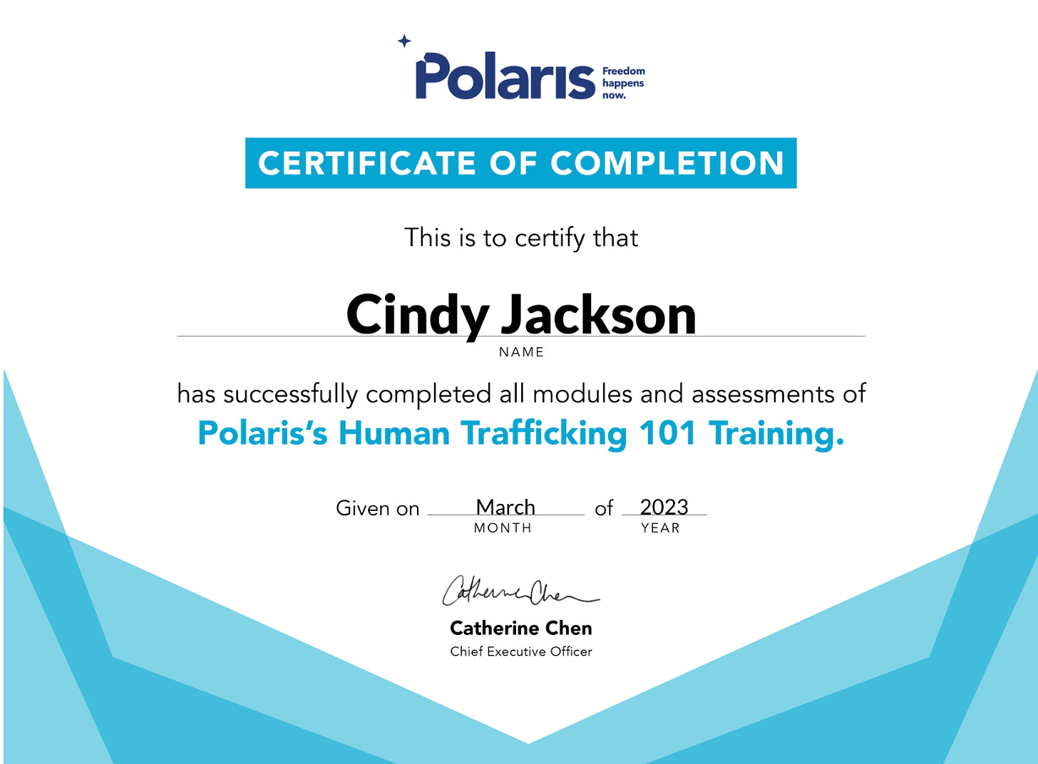 Certificate of completion for Polaris's Human Trafficking 101 Training
