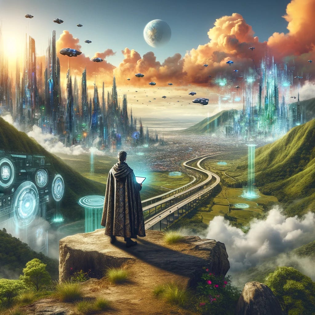 A visionary stands at the edge of a cliff, looking out over a vast landscape that merges the natural world with futuristic technology. The horizon is dotted with towering skyscrapers, flying cars, and lush greenery, blending seamlessly into one another. The sky is a canvas of vibrant colors, hinting at a world where technology and nature exist in perfect harmony. The visionary, cloaked in a garment that is a mix of traditional and futuristic fashion, holds a digital tablet that projects holographic images of innovative designs and ideas. This scene embodies the convergence of technology and imagination, symbolizing a future that is both bold and fantastical, a testament to human creativity and potential.