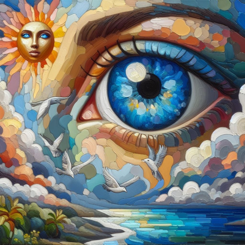 Chunky oil painting image; Blue Hole (Belize) painted as an eyeball, In a womans face. The woman has two eyes showing. I see two eyes. Echo.The Blue Hole (Belize)eyeball has a mountain range for a nose and clouds for eyebrows. birds  shimmering with iridescence, reminiscent of stained glass windows catching the sunlight.There is a sun in the sky with the face of a god and it's made of copper and glass. The clouds are fluffy and white.