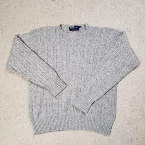 Vintage Polo Ralph Lauren Cashmere Sweater Men 44 (XL) Gray Cable Knit Old Money - Picture 1 of 8