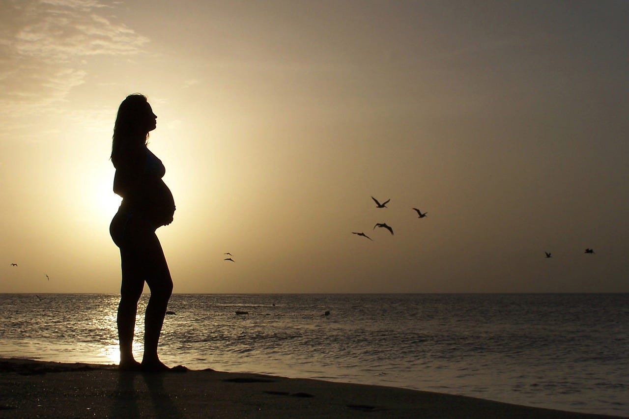 Silhouette of pregnant woman standing on an ocean beach