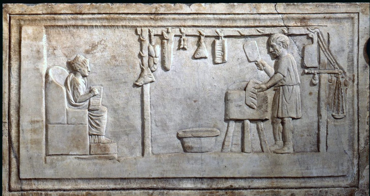 Ostia Antica HISTORY on X: "Funerary relief of Roman butchers - the butcher  Tiberius Julius Vitalis in action and posing for the eternity - A Roman  butcher with hanging cuts of meat -