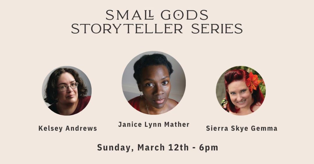 An advertisement for a reading with pictures of Kelsey Andrews, Janice Lynn Mather, and Sierra Skye Gemma
