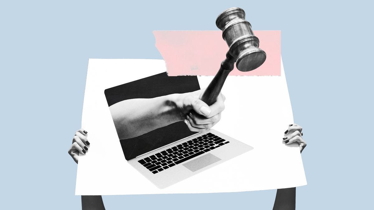 An illustration of a laptop computer with a hand and a courtroom gavel coming out of its screen.