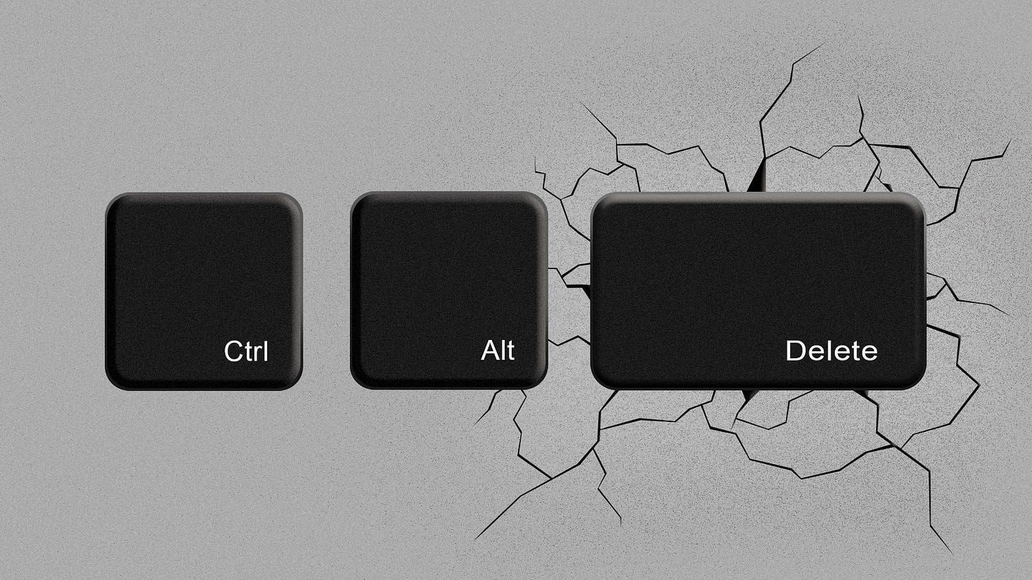 Illustration of the keys control, alt, and delete, with cracks forming under the delete button