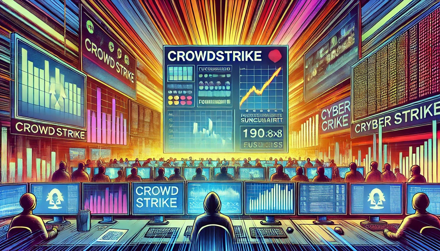 A vibrant, futuristic pop-art style illustration depicting CrowdStrike under scrutiny during a cyber crisis. The scene includes digital screens showing fluctuating data and forecasts, with visuals suggesting intense scrutiny. The artwork features dynamic colors and elements that reflect the urgency of cybersecurity issues. The setting is energetic and filled with technical motifs, suitable for a discussion on cybersecurity trends. Format: horizontal rectangle, 1920x1080 resolution.