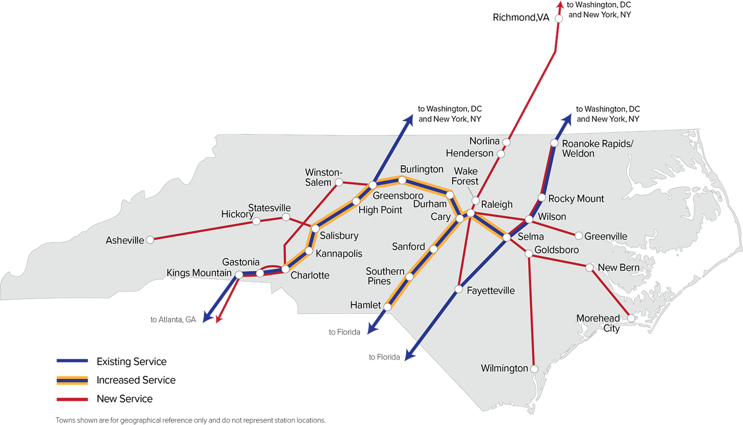 A map showing the existing and proposed passenger rail routes throughout North Carolina, including one from Asheville to Salisbury.