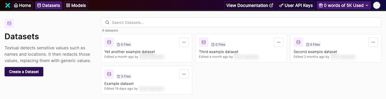 A screenshot of the Tonic Textual UI, showing datasets which are collections of files