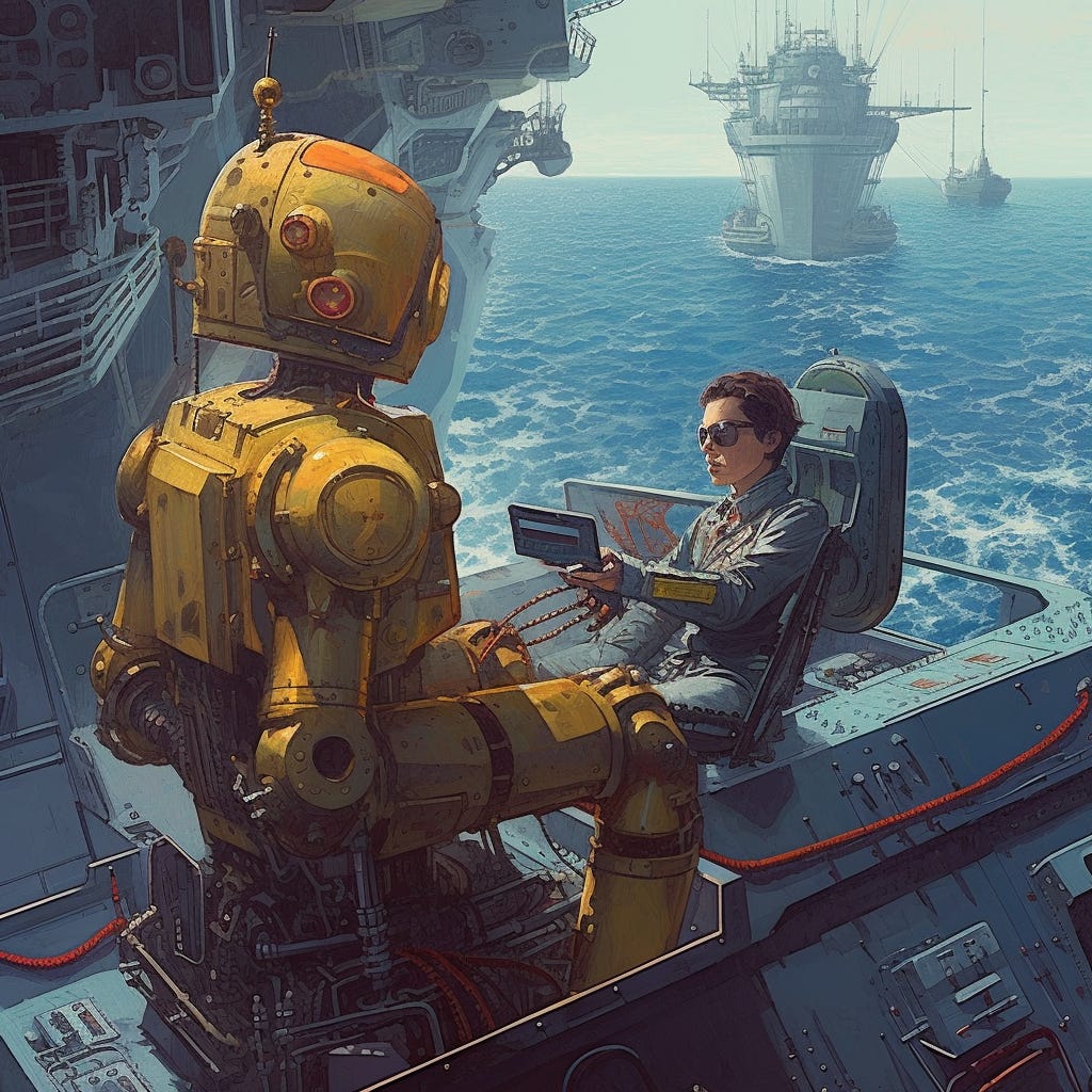 a human pushing a robot aside at the helm of a ship