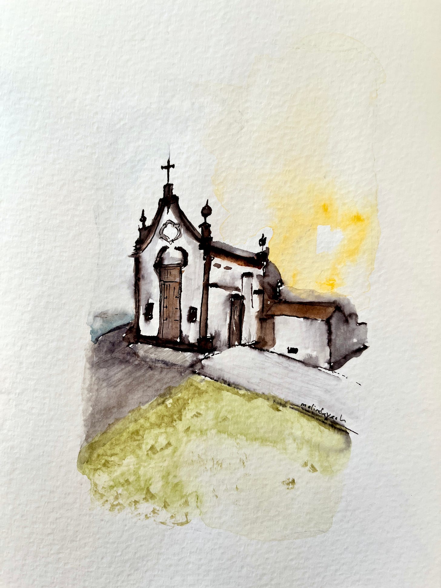 image: ink and watercolour painting of a small chapel against the ocean and sun. Capela da Boa Nova painting,