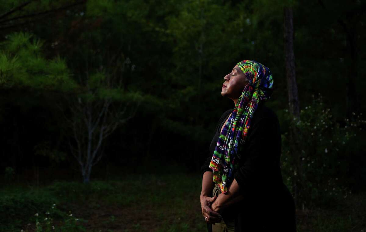 Angela Holder, whose great uncle was killed following the Houston riot of 1917, stands near the original grounds of Camp Logan at Memorial Park on Wednesday, Nov. 8, 2023 in Houston.