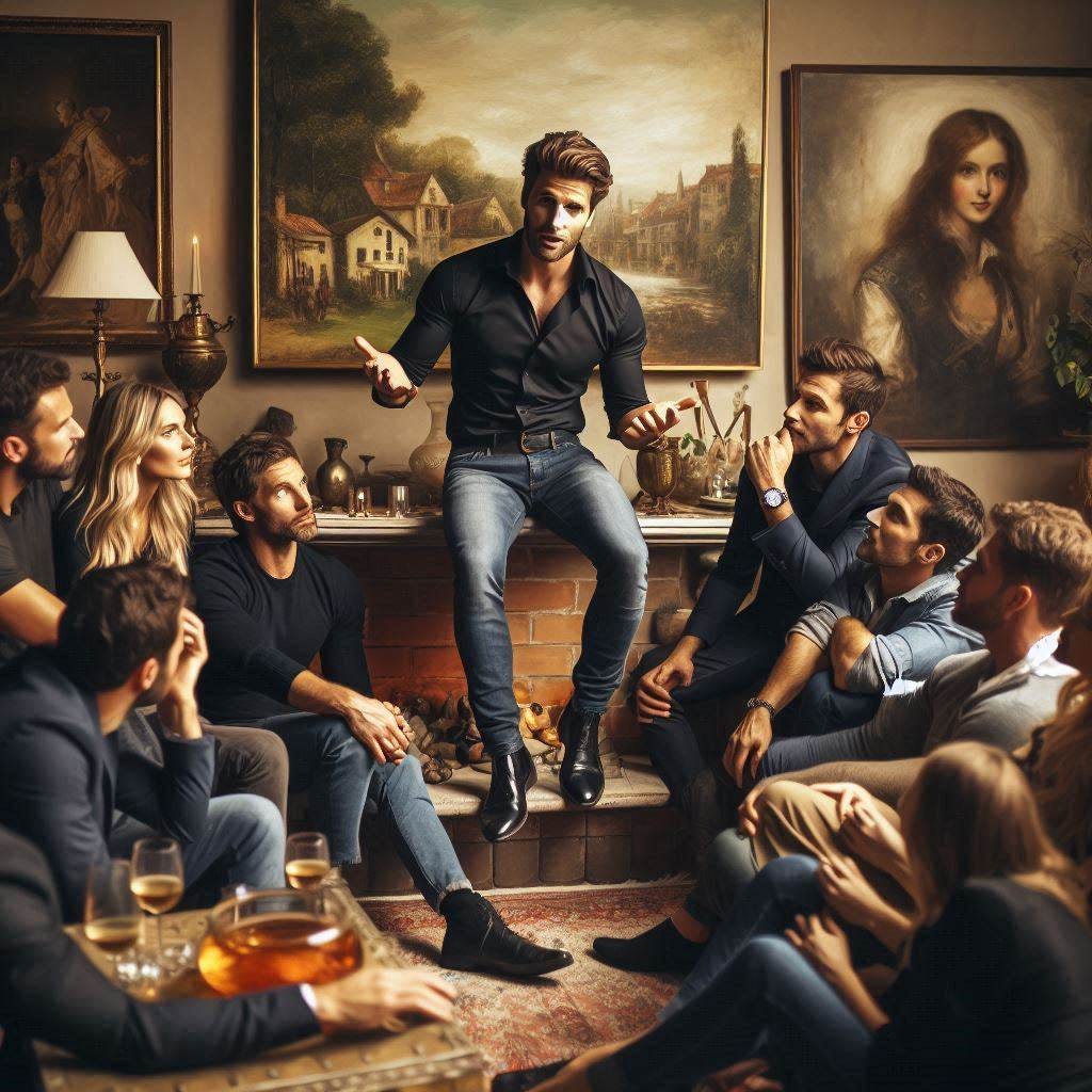 A handsome man in a black shirt holds a group of men and women spellbound as he tells a story. Living room. Party. Painting.