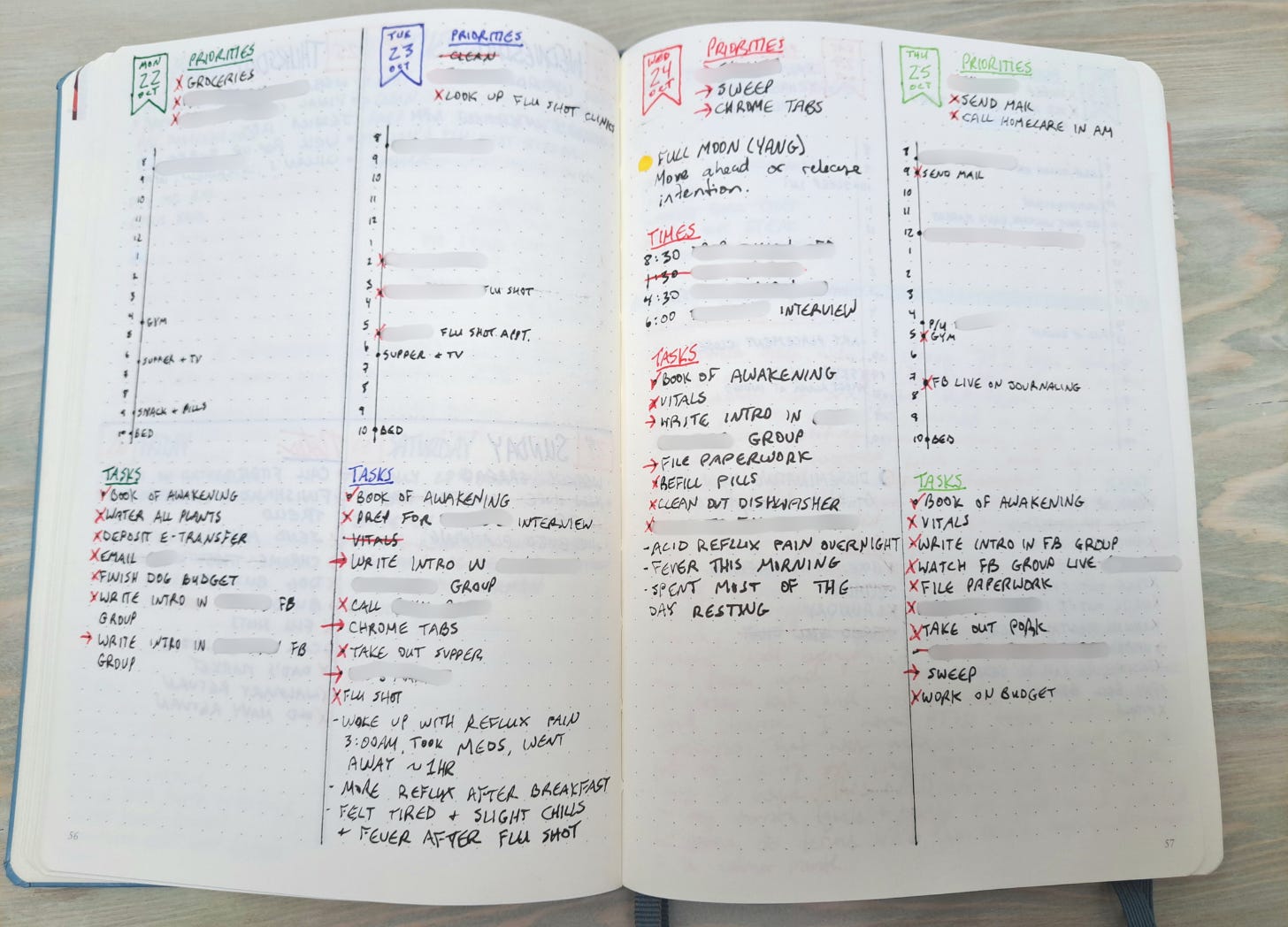 Daily to-do lists and timelines in a notebook.