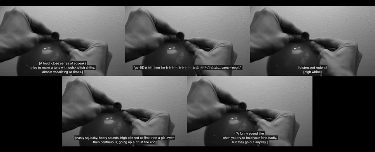 A still from the video work In Which to Trust?. Five screens play the same video, shot in black and white. Two hands squeeze the end of an inflated balloon releasing air into a room. On the bottom portion of each screen are open captions in white text with a black background. Each of the five captions is different, depending on the listener’s interpretation of the sound.