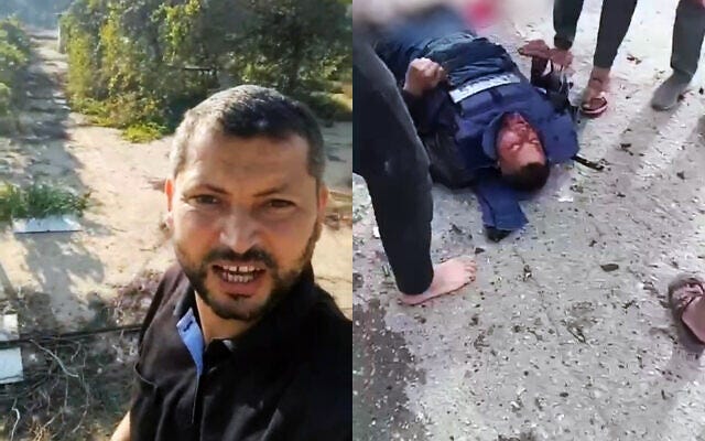 Ismail Abu Omar, an Al Jazeera reporter is seen (left) in Kibbutz Nir Oz on October 7, and after being hit in a strike in south Gaza's Rafah on February 13, 2024. (Screenshot: X)