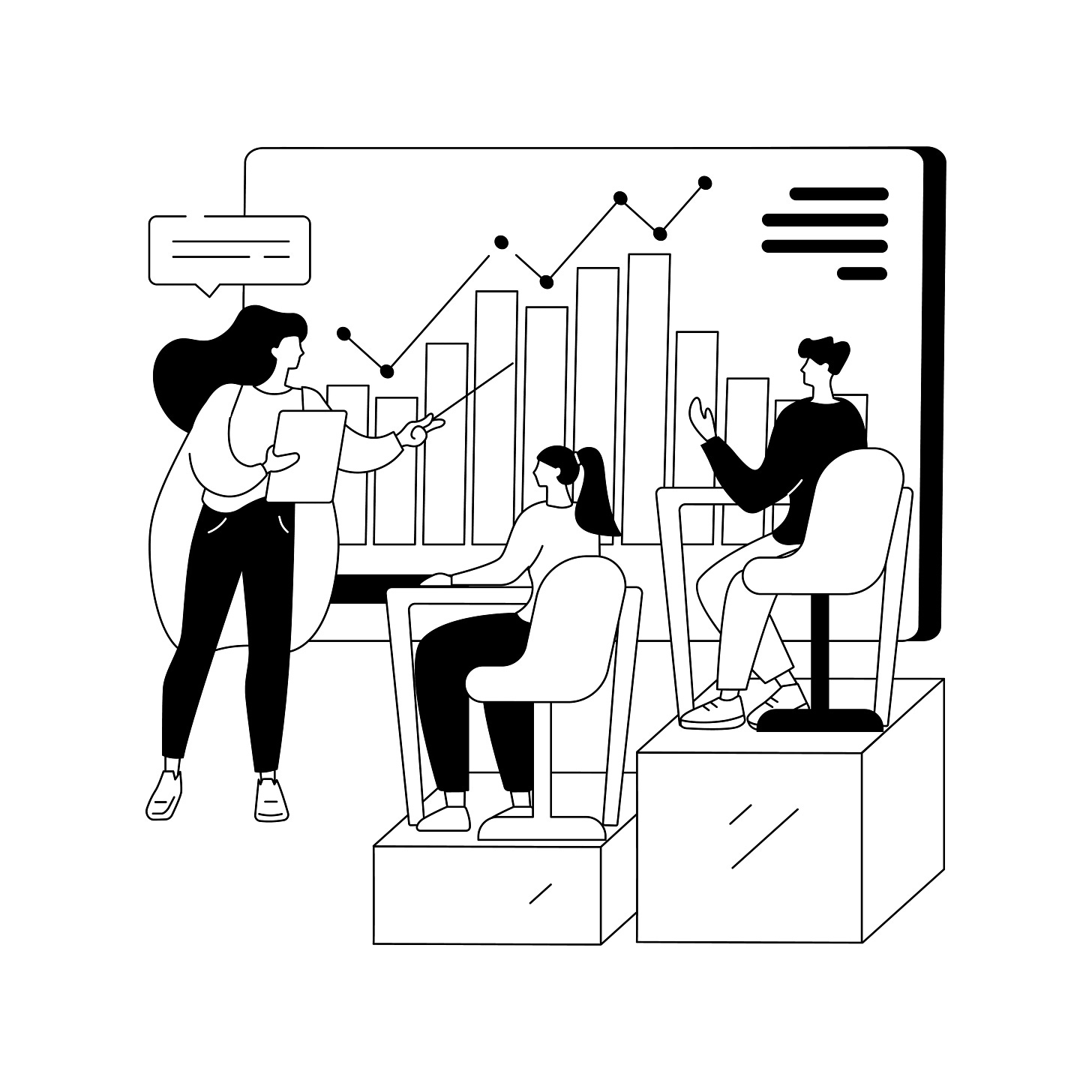 Desenho de uma pessoa apresentando um gráfico para outras 2 pessoas numa sala.