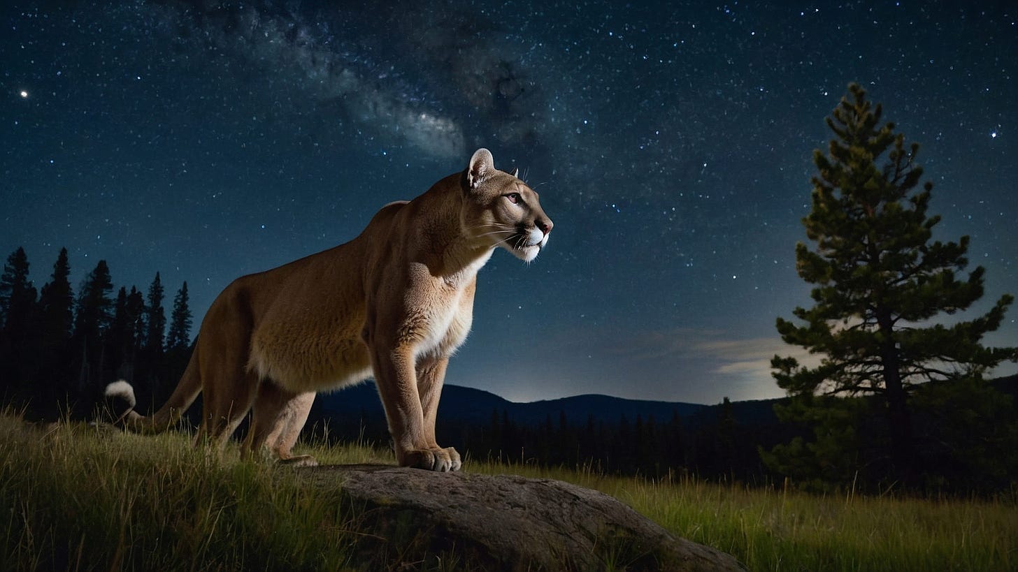 Large mountain lion in a dark meadow