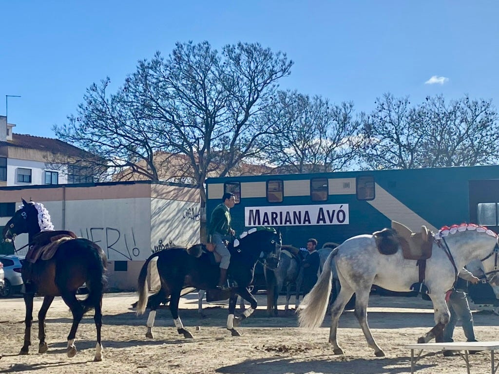 A matador warming up on his horse outside